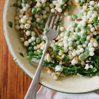 Broccoli, Pea and Giant Cous Cous Salad with Green Yoghurt Dressing